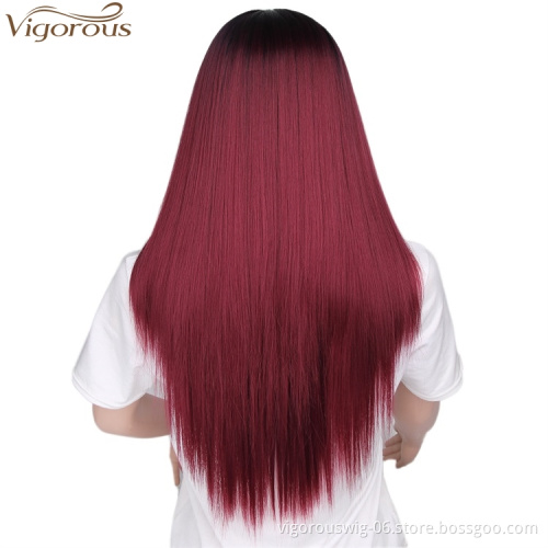 Vigorous Women Favorite Wigs Long Straight Ombre Wine Red Synthetic Wigs for Women Cosplay Hair Heat Resistant R2-118